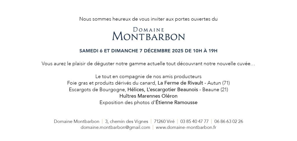 Invitation pour les portes ouvertes du Domaine Montbarbon, incluant des détails sur l'événement et les producteurs présents.